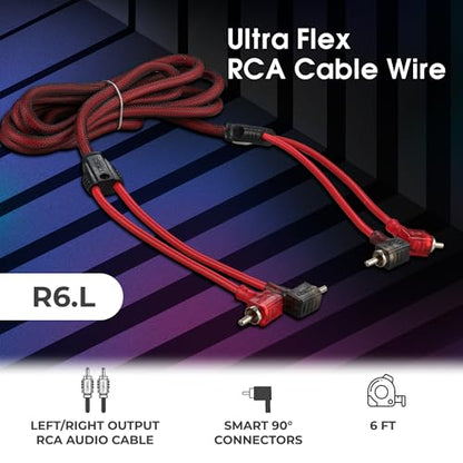 DS18 R6.L 100% Oxygen Free Copper OFC Ultra Flex 2-Channel RCA with 90 Degree Ends - Dual Twist Wire Noise Reducing Audio Cable for Amplifiers, Subwoofers, Speakers - 6 FT