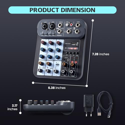 4 Channel DJ Audio Mixer, DJ Mixers Sound Board, Sound Mixer Board XLR 1/4" Interface, BT USB MP3 Computer Input 48V Phantom Power Stereo Karaoke DJ Studio Streaming KTV Stage