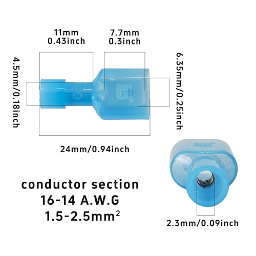 100Pcs Bule Male Spade Connectors 16-14 AWG, Nylon Insulated Quick Disconnect Terminals, Tinned Copper Crimp Wire Connectors for Automotive, Speaker, Electronics - size: 16-14 AWG
