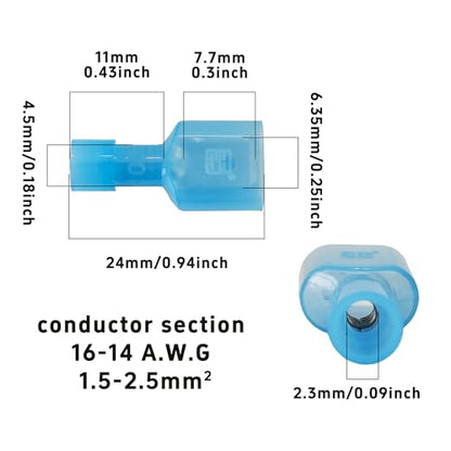 100Pcs Bule Male Spade Connectors 16-14 AWG, Nylon Insulated Quick Disconnect Terminals, Tinned Copper Crimp Wire Connectors for Automotive, Speaker, Electronics - size: 16-14 AWG