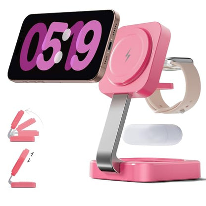 RYND 2026 Traveling Wireless Magnetic Fast Charging Station,3 in 1 Charger with i Phone 17 16 15 14 13 12 Pro Max Plus,Apple Watch Series & Air pod 4 3 2 Pro-Gifts for Wife & Husband(Rose Red) - color: Rosy Red