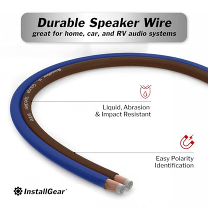 100ft 14 Gauge Speaker Wire with 12 Banana Plugs - Copper Clad Aluminum Cable for Clear Audio Sound - Easy-Install Car Speaker Wire and Home Theater Setup with Blue Black Jacket - size: 14 Gauge (CCA) - 100 Ft