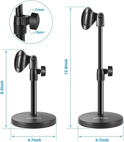 3 in 1 Desktop Microphone Stand, Height Adjustable Table Mic Stand | Iron material, 1lbs Round Base, with Mic Clip, Cell Phone Clip, 5/8" to 3/8" Metal Adapter for Podcast Livestream Recording - size: 101S