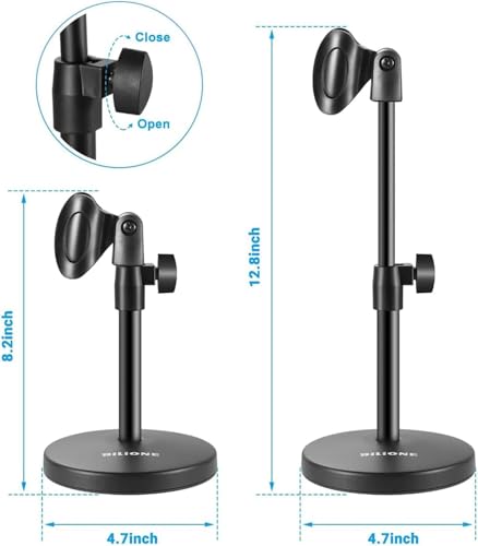 BILIONE 3 in 1 Desktop Microphone Stand, Height Adjustable Table Mic Stand | Iron material, 1lbs Round Base, with Mic Clip, Cell Phone Clip, 5/8" to 3/8" Metal Adapter for Podcast Livestream Recording - size: 101S