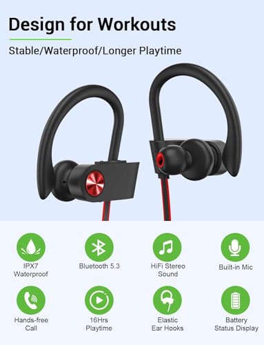 Bluetooth 5.3 Headphones, Wireless Sports In-Ear Earbuds IPX7 Waterproof