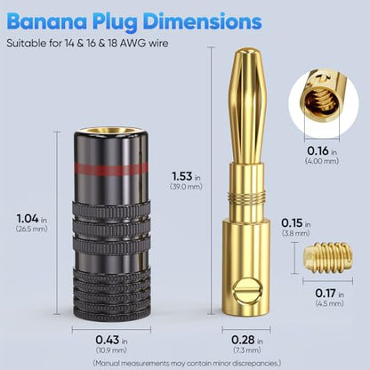 2-Pairs/4-PCS Banana Plugs, Gold Plated Banana Plugs for Speaker Wire | Compatible with Wall Plate, Audio/Video Receiver, Amplifier, Home Theater, Sound System (Red + White) - size: 2 Pairs