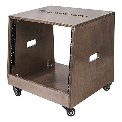 Sound Town DIY Solid Baltic Birch Plywood Slanted 8U Studio Rack, Weathered Brown, Rubber Feet, Casters (SDRK-8TB) - size: 8U,Weathered Brown