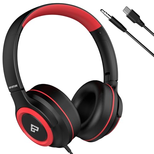 Kids Headphones Wired with Volume Limiter, Over Ear Safe Sound Headset with HD Mic, 85/94dB Volume Limiter, 3.5mm & USB C Headphones for School, Travel, iPad, Laptop, Back to School Supplies - color: Red