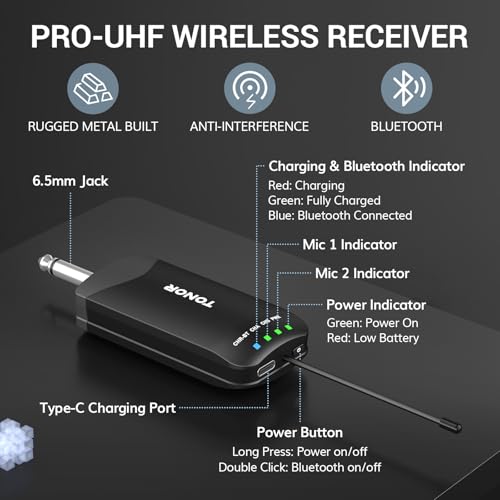 TONOR Rechargeable Wireless Microphones, Metal Bluetooth Handheld Cordless Mic System with Receiver, 2x25 UHF Professional Dynamic Mic for Karaoke, Church, Singing, Wedding, Meeting, DJ, 328ft TW720 - style: Plug-in Receiver