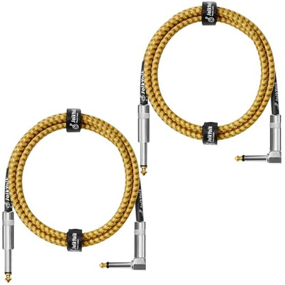 Guitar Cable 3.3ft 2-Pack, Tweed Cloth Braided Instrument Cable, TS 1/4 Inch Angled to Straight, for Electric Guitar/Bass/Amp, Yellow & Brown - color: Yellow, size: 3.3ft