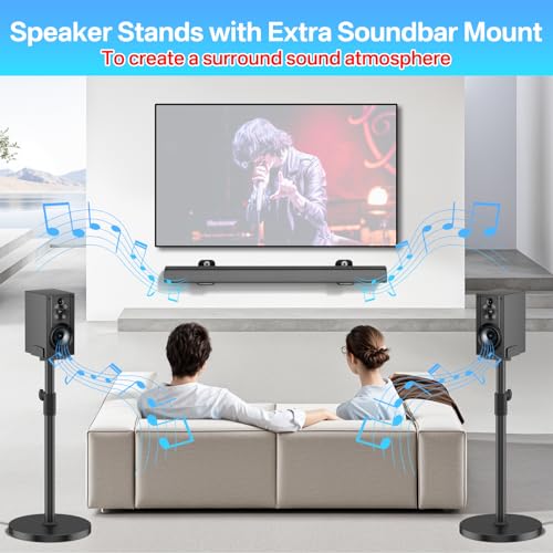 Heavy-Duty Speaker Stands Pair for Sony Speaker Stands SS-CS5/SS-CS5M2/SS-CS8/SA-Z9R with Soundbar Mounts, Adjustable Dual Side Fits for 5–11" Surround Sound Speakers WR Cable Management