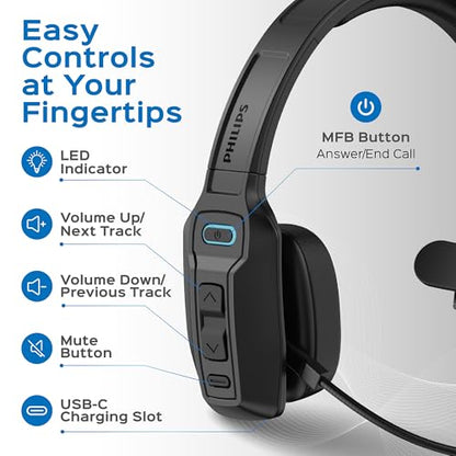 Philips Trucker Bluetooth Headset with Mic, Wireless Trucker Headset with AI Noise-Canceling Microphone & Instant Mute Button, Reliable Long Battery Life, Headphones for Drivers, Office, Call Centers
