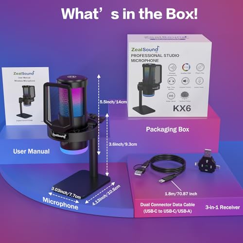 ZealSound Wireless Microphone for PC Mac iPhone iPad & Android, USB Mic with Noise Reduction, Tap Mute and Volume Control, RGB Light and Real-Time Monitoring, for Podcasting Streaming Gaming & TikTok - color: RGB