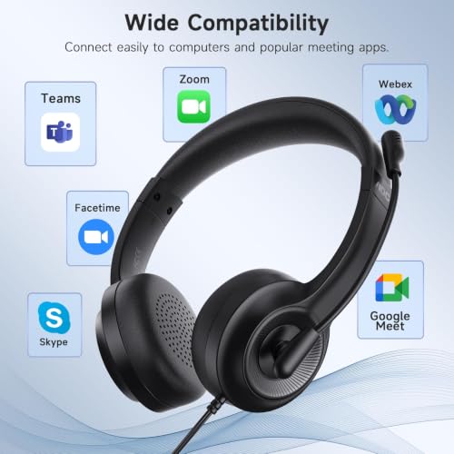 AOC USB Headset with Microphone for PC, On-Ear Wired Headphones with Mic | with Noise-Cancelling, 40mm Audio Drivers, USB-A Computer Headset for Office, Teams, Call Centers & Online Meetings (Black)