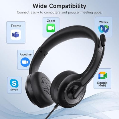 AOC USB Headset with Microphone for PC, On-Ear Wired Headphones with Mic | with Noise-Cancelling, 40mm Audio Drivers, USB-A Computer Headset for Office, Teams, Call Centers & Online Meetings (Black)