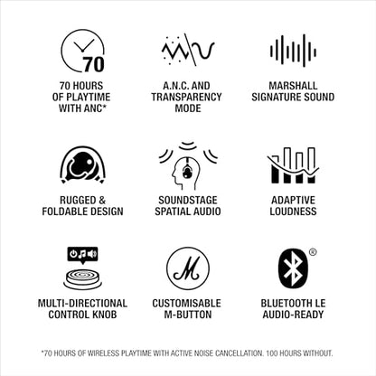 Marshall Monitor III A.N.C. Wireless Over-Ear Bluetooth Headphones - Active Noise Cancellation | 100+ Hr Playtime | Microphone for Calls | Lightweight, Foldable Design for Travel - Black - color: Black