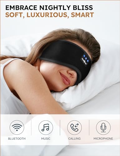 MUSICOZY Sleep Headphones Bluetooth 5.4 Sleep Eye Mask with HD Speakers | Soft Cotton Fabric, Flat Design, 14 Hours Playtime, Washable Headband Style for Side Sleepers, Travel Meditation Relaxation - color: Dark Black