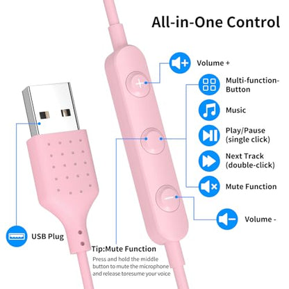 USB Earbuds for PC,Headphones with Microphone for Computer,Pink - color: Pink