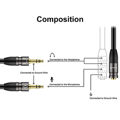 J&D 0.65 Feet Headphone Splitter Cable, 3.5mm Female to Dual 3.5mm Male Mic Splitter for PC, Laptop, Smartphone