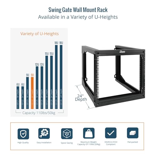 Tecmojo 9U Rack Wall Mount with Swing Gate, 9U Server Rack for 19inch Computer/AV/Data/IT/Media Equipment, Open Frame Server Rack with 24inch Depth, Square&Tapped Holes - size: 9U/24" Depth (New)