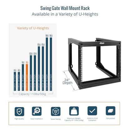 Tecmojo 9U Rack Wall Mount with Swing Gate, 9U Server Rack for 19inch Computer/AV/Data/IT/Media Equipment, Open Frame Server Rack with 24inch Depth, Square&Tapped Holes - size: 9U/24" Depth (New)