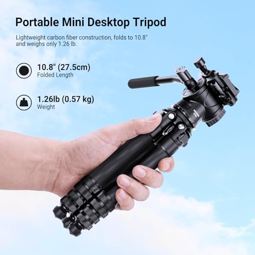 NEEWER Carbon Fiber Desktop Mini Tripod for Camera, Tabletop Portable Travel Tripod with Video Fluid Head, QR Plate for TikTok DSLR Action Camera Video Recording Streaming, Max Load 6.6lb/3kg, TP10