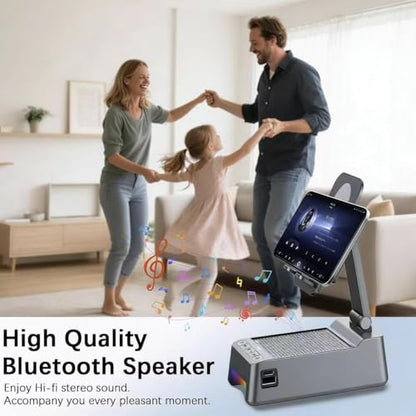 Cell Phone Stand with Wireless Bluetooth Speaker and Colorful LED Lights, 4-in-1 Multifunctional Phone Holder Support Fast Charging, Adjustable Desktop Stand for iOS Android - color: Light Grey