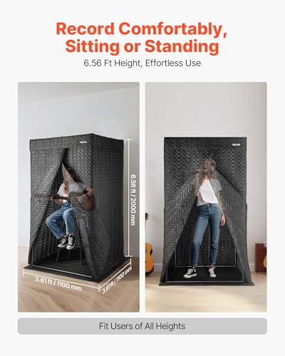 VEVOR Portable Vocal Booth 6.56 ft Pro-Grade Echo-Free Recording Booth | Thickened Soundproofing, Home Studio/Sound Isolation, with Travel Bag, Mobile Tablet Stand, for Vocals, Podcasts, Voiceovers - size: Vocal Booth Pro