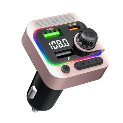63W FM Transmitter Bluetooth Car Adapter, Wireless FM Bluetooth Transmitter | [PD 45W & QC3.0] Fast Charge, Deep Bass Player, Hands-Free Calling, Pink - color: Pink