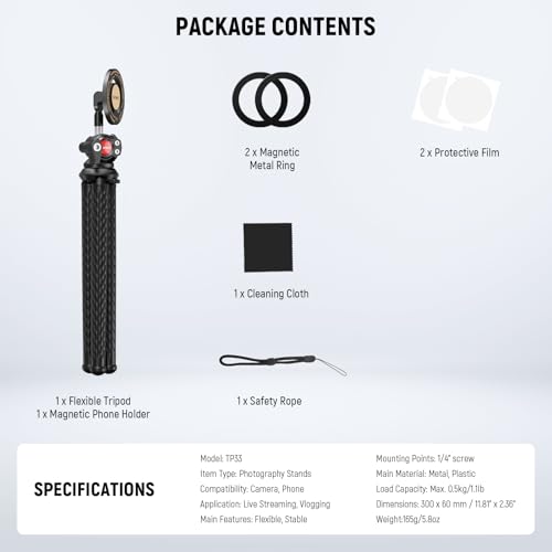 NEEWER Magnetic Flex Phone Tripod Compatible with MagSafe iPhone Android | TP33 Flexible Phone Tripod, Mini Vlog Cellphone Stand with Ball Head, for Stroller Bike Motorcycle Tube Round Objects - style: TP33