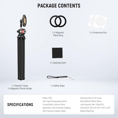 NEEWER Magnetic Flex Phone Tripod Compatible with MagSafe iPhone Android | TP33 Flexible Phone Tripod, Mini Vlog Cellphone Stand with Ball Head, for Stroller Bike Motorcycle Tube Round Objects - style: TP33