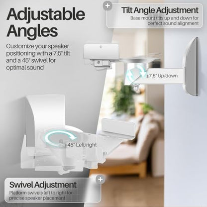 TNP Bookshelf Speaker Wall Mounts, Dual Side Clamps, 55 lb, 2 Pack, White | Rear Surround Sound Speaker Mounts Fit 5.5-11 In Wide Speakers, with 45° Swivel and 7.5° Tilt for Home Theater or Studio - color: White