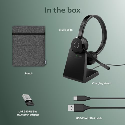 Jabra Evolve 65 TE (Third Edition) Wireless Headphones w/Charging Stand - Noise-Canceling Mic, 16 hr Battery Life, Connectivity, MS Teams Certified, Supports Other Platforms, Black - style: Dual-Ear, Charging Stand