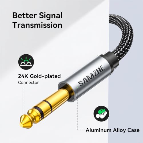 SAMZHE 1/8 to 1/4 Stereo Cable 3.5mm TRS to 6.35mm Audio Cable Guitar to Aux Male Cord with Alum Alloy Housing and Nylon Braid for Guitar, Laptop, Home Theater Devices, Speaker and Amplifiers 6.6FT - size: 6.6 FT