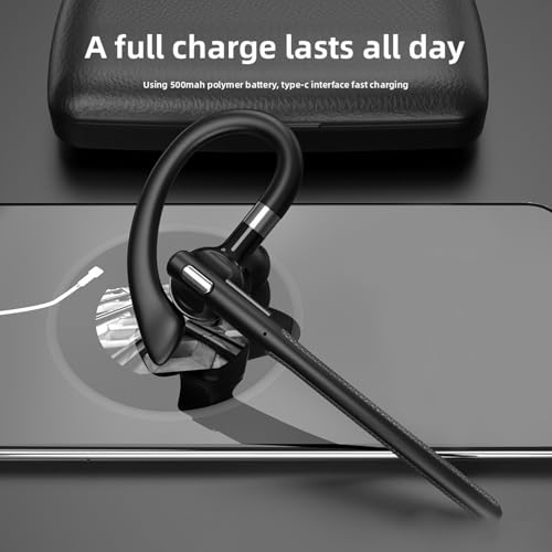 Yunseity Bluetooth Earpiece, V6.1 Wireless Single Ear Headset with Microphone, 500Mah Charging Case, Noise Canceling Handsfree Headset with Mute Buttons, 50 Hours Talk Time