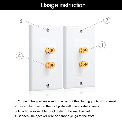 Weewooday 4 Pcs Speaker Wall Plate Gold Plated 2 Connector Banana Plug Wall Plate for in-Wall Speaker Wire, Surround Sound & Audio Systems
