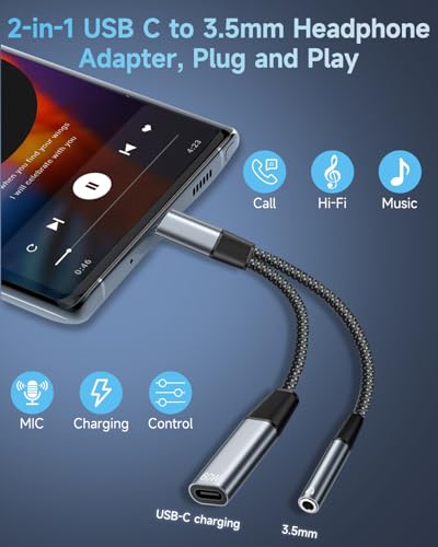 2 in 1 USB C to 3.5mm Jack and Charger Adapter, USB C Headphone Adapter | Type C to Aux to USBC Splitter with 60W PD Fast Charging for Samsung S26 S25,iPhone 17 16 15 Pro Max Plus,iPad, Pixel,Huawei