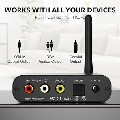 YMOO Bluetooth Music Receiver HiFi Audio Adapter with Audiophile DAC | Long Range Bluetooth Stereo Receiver, aptX HD, Optical Coaxial RCA Outputs for Home Stereo, AV Receiver or Amplifier