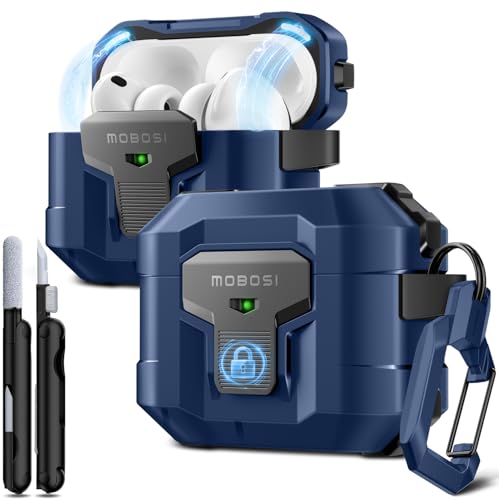 MOBOSI for AirPods Pro 3 Case 2025 with Drop-Proof Lock, Blue | Cleaning Kit & Keychain, Compatible with MagSafe, Military-Grade Protection Hard Cover for iPods Pro 3rd Generation - color: Blue