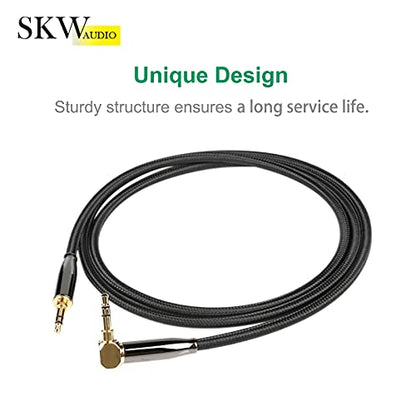 SKW Audiophile 3.5mm Right-Angle Stereo Aux Cable 1/8" TRS 3.2ft/1m | Dual-shielded, gold-plated contacts, nylon-braided jacket, sturdy and durable, Hi-Fi stereo fidelity, 90 degrees - color: Black-straight to bend, size: 3.2ft (1m)