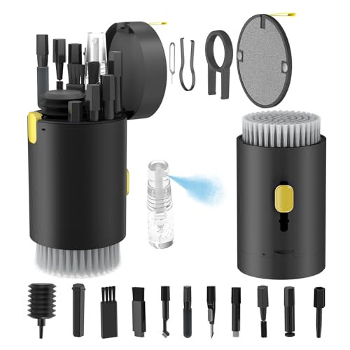 Tounee Keyboard Cleaner Kit, Electronics Cleaning Kit with Retractable Big Brush, Portable, 20 in 1 Multi-Tool Kit for Phones, Tablet, Computer, PC Monitor,TV Camera Lens with 2.5ml Mist Spray (Black) - color: Black