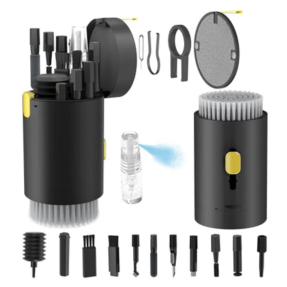 Tounee Keyboard Cleaner Kit, Electronics Cleaning Kit with Retractable Big Brush, Portable, 20 in 1 Multi-Tool Kit for Phones, Tablet, Computer, PC Monitor,TV Camera Lens with 2.5ml Mist Spray (Black) - color: Black