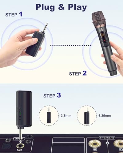 ALPOWL Wireless Microphones, Metal Dynamic Microphone System with Rechargeable Receiver, 50H Duration, 200ft Range, Microphone for Karaoke Singing, Wedding, DJ, Party, Speech, Church