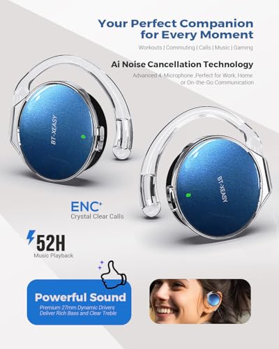 Micool Open Ear Headphones Bluetooth 5.4, Sport On Ear Headphones Wireless, Water-Drop Shaped Noise Cancelling Clip On Headset Bluetooth with Long Battery Life, Comfort Fit 4 Microphones Earphones - color: white&silver&light-blue