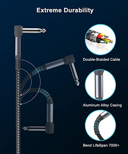 RUXELY 2Pack Right Angle 90 Degree 6.35mm TRS Instrument Cable and 6-Pack Guitar Patch Cables for Electric Guitar,Bass,Keyboard,Mixer,Amplifier/AMP,Speaker,Equalizer