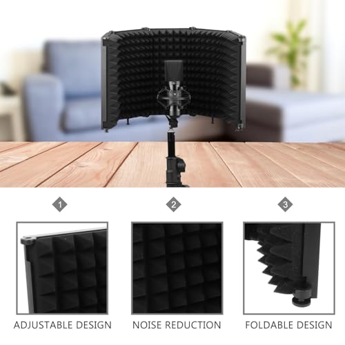 Cabilock Portable Folding Microphone Isolation Shield with Three Panels Combination and Adjustable Angle, Black Mic Windproof Sound Absorber Panel for Studio and Personal Recording