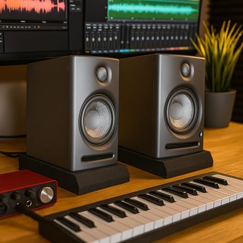 AxcessAbles Studio Monitor Isolation Pads for 3-5 Inch Speakers | High-Density Acoustic Foam Speaker Risers | Angled Sound Isolation Pads for Recording, Mixing, DJ, Home Studio - size: 3" to 5" Speakers