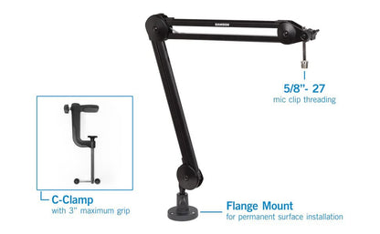 Samson MBA38 38" Microphone Boom Arm Studio Podcast USB Mic Stand w/Desk Clamp
