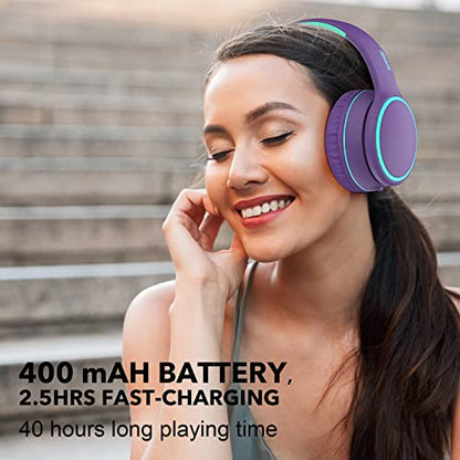 B10 Bluetooth Headphones Over Ear, 2 EQ Music Modes(Normal/Bass) and 50H Playtime Wireless Headphones with Mic, Lightweight Folding HiFi Stereo Headset for iPad/Travel/Tablet/PC/Home (Purple) - color: Purple