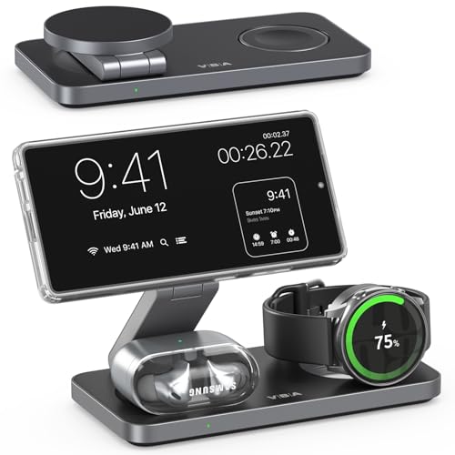 3 in 1 Foldable Magnetic Wireless Charging Station for Samsung, Wireless Charger Stand for Galaxy S26 Ultra S25/S24 /Note 20/Flip 7/Fold 7, for Galaxy Watch Ultra/8/7/6,Galaxy Buds 3/3 Pro - color: Black